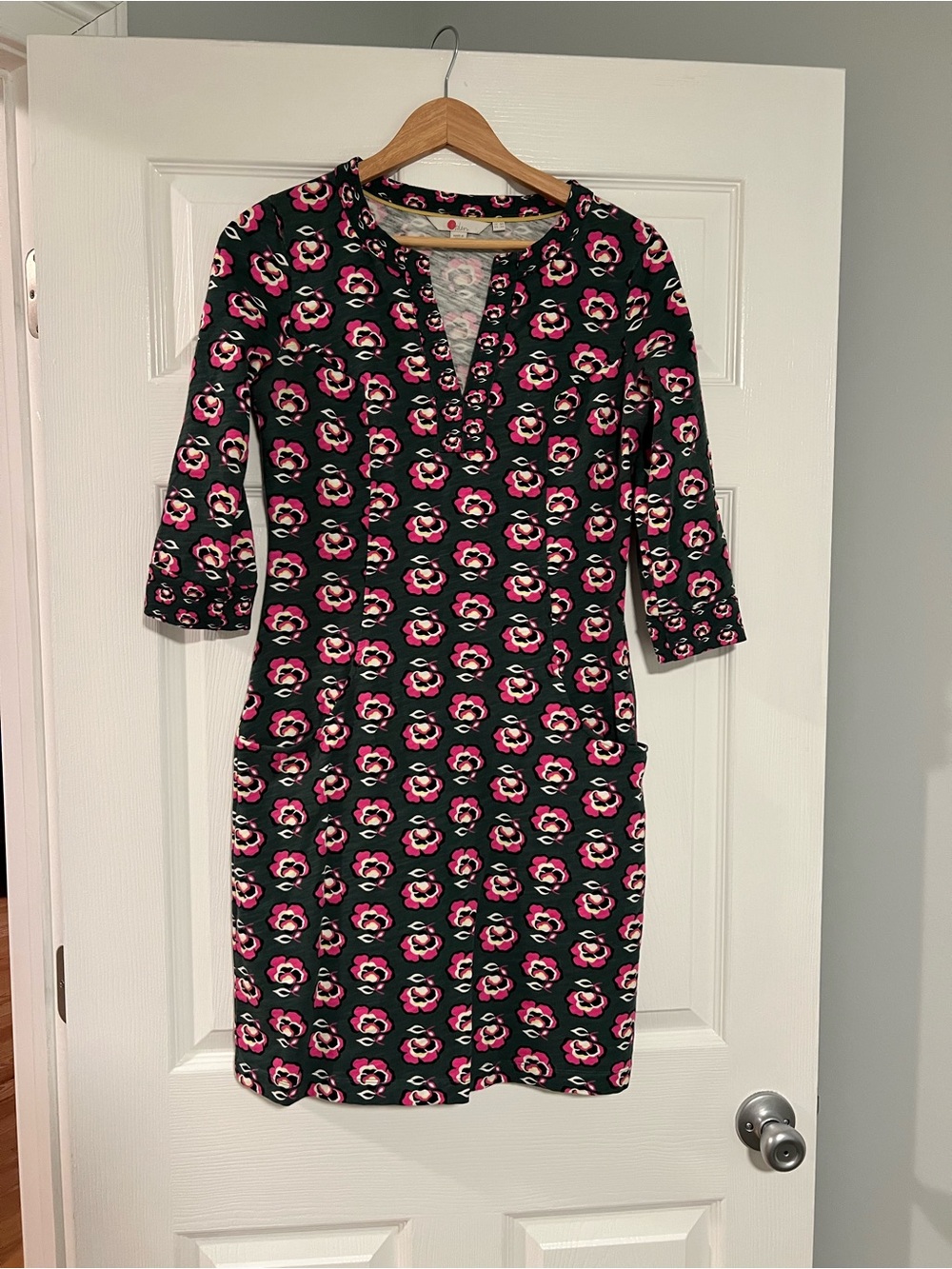 Boden Dark green Long-Sleeve Dress with Pink Floral Motif